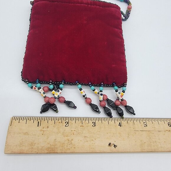 Red 100% Silk Bag Velvet Beaded Trim Small Evening Fancy Beaded Colorful‎ Boho - Picture 8 of 11